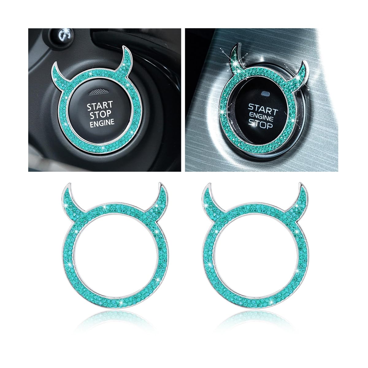 CGEAMDY 2Pcs Auto Start-Stopp-Knopf Abdeckung Glänzend Dekorativen Ring, Legierung Strass Auto Taste Ring, Stilvolle Und Glamouröse Damen Auto Dekorationen(Blau) von CGEAMDY