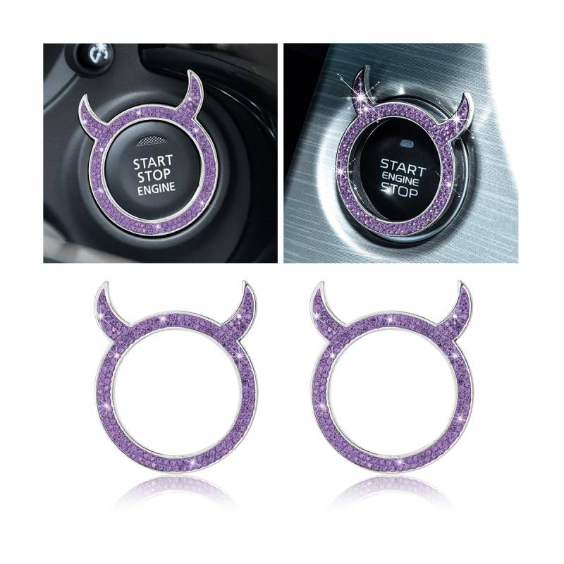 CGEAMDY 2Pcs Auto Start-Stopp-Knopf Abdeckung Glänzend Dekorativen Ring, Legierung Strass Auto Taste Ring, Stilvolle Und Glamouröse Damen Auto Dekorationen(Lila) von CGEAMDY