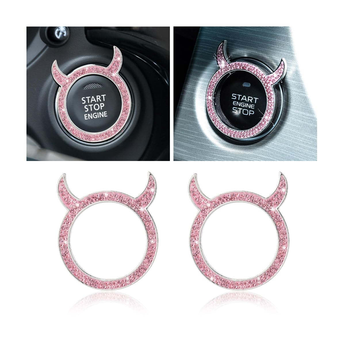 CGEAMDY 2Pcs Auto Start-Stopp-Knopf Abdeckung Glänzend Dekorativen Ring, Legierung Strass Auto Taste Ring, Stilvolle Und Glamouröse Damen Auto Dekorationen(Rosa) von CGEAMDY