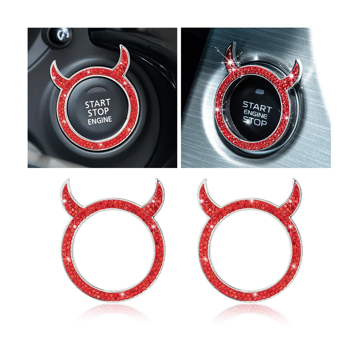 CGEAMDY 2Pcs Auto Start-Stopp-Knopf Abdeckung Glänzend Dekorativen Ring, Legierung Strass Auto Taste Ring, Stilvolle Und Glamouröse Damen Auto Dekorationen(Rot) von CGEAMDY