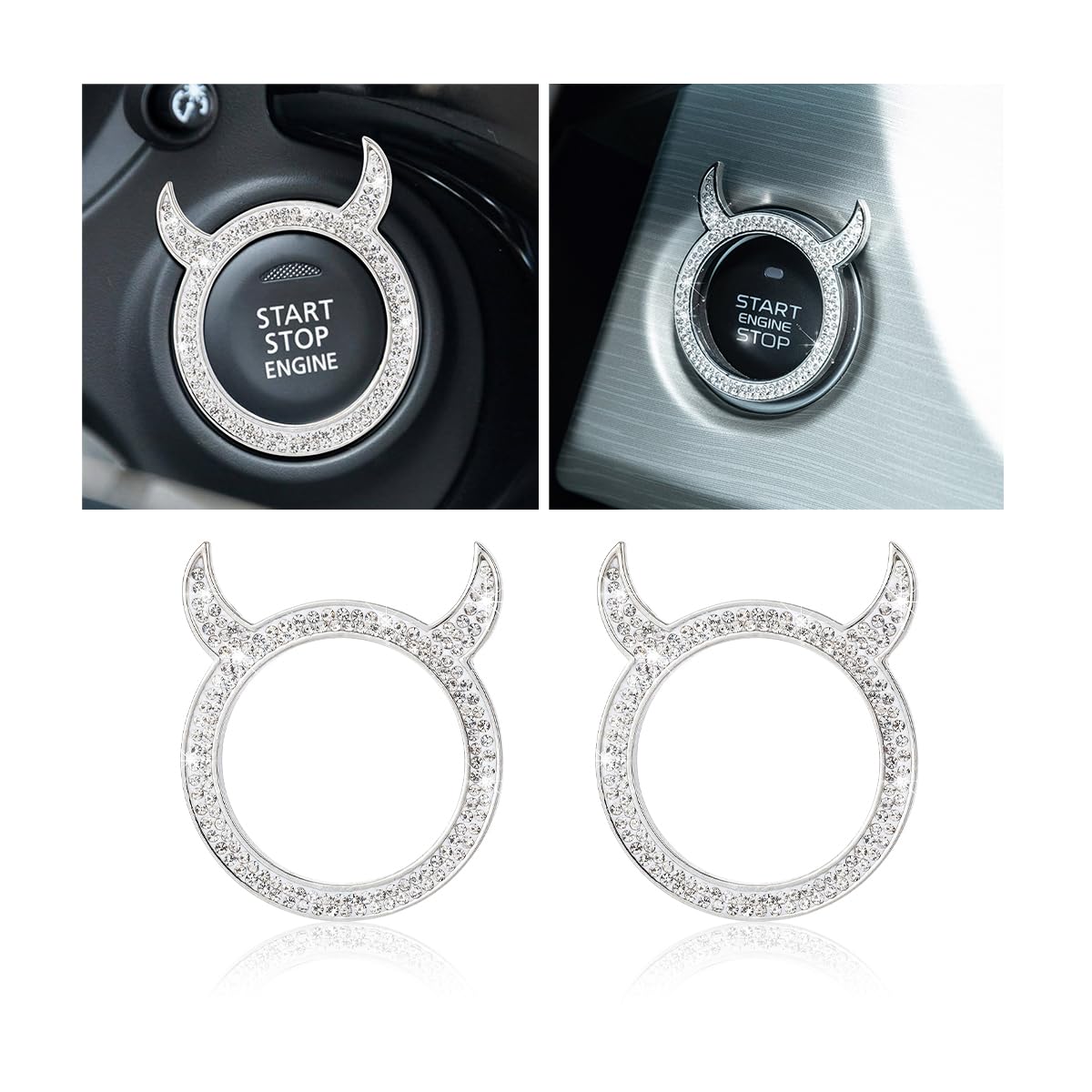 CGEAMDY 2Pcs Auto Start-Stopp-Knopf Abdeckung Glänzend Dekorativen Ring, Legierung Strass Auto Taste Ring, Stilvolle Und Glamouröse Damen Auto Dekorationen(Weiß) von CGEAMDY