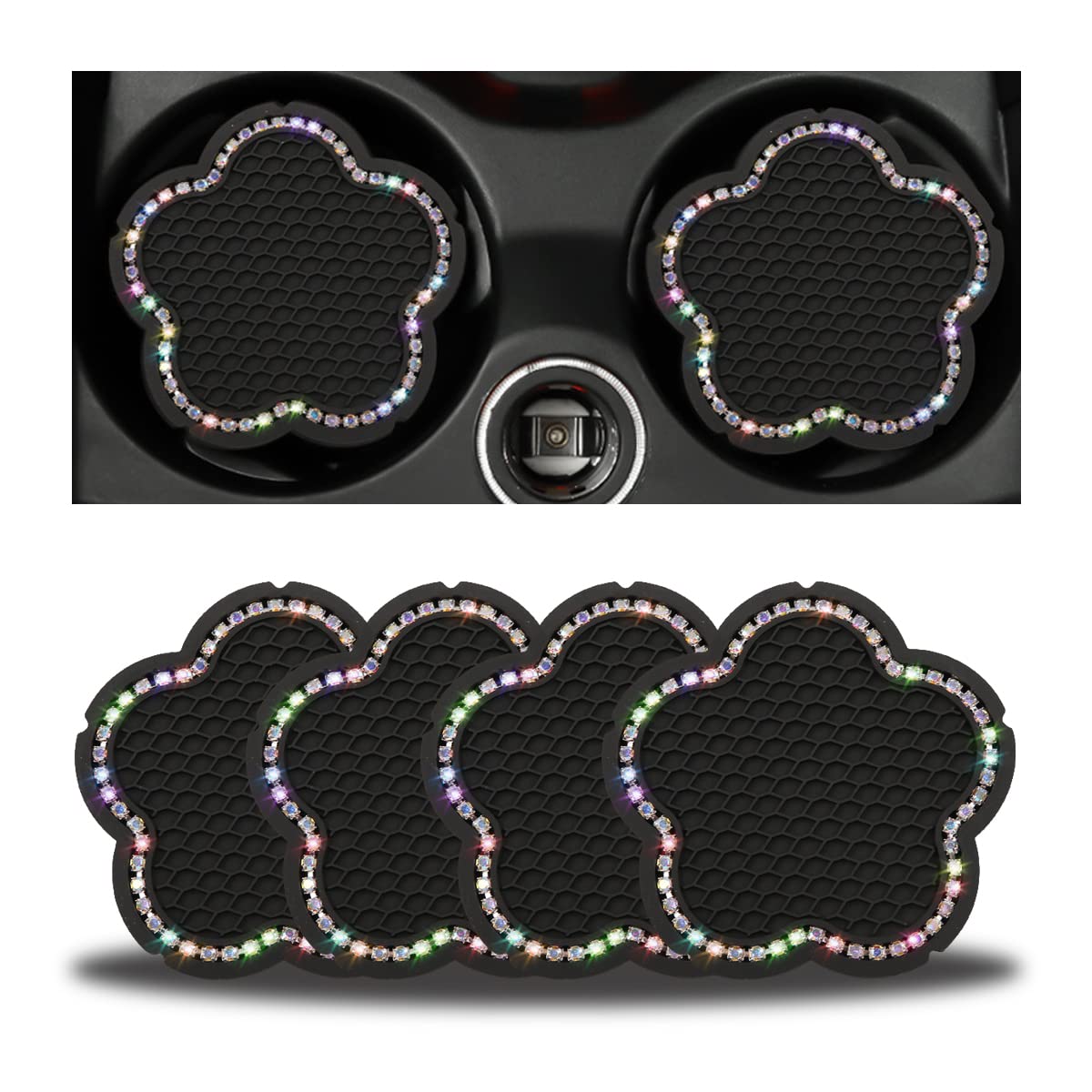 CGEAMDY 4 Stück Auto-Untersetzer Untersetzer, Bling Kristall Universal Silikon Anti-Rutsch Untersetzer Pad, Diamant Autodekoration Anti-Rutsch Tasse Matte(Mehrfarbig) von CGEAMDY