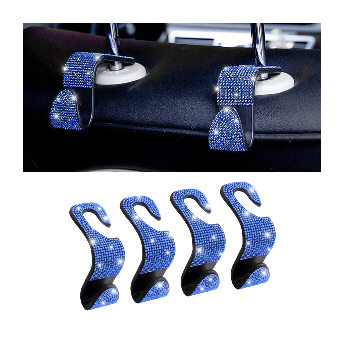 CGEAMDY 4 Stück Bling Auto Kopfstützen Haken, Autohaken Rücksitz Mit Strass Diamond, Universal-Sitz-Organizer-Aufbewahrungshaken Für Suspension Lebensmittels(Blau) von CGEAMDY