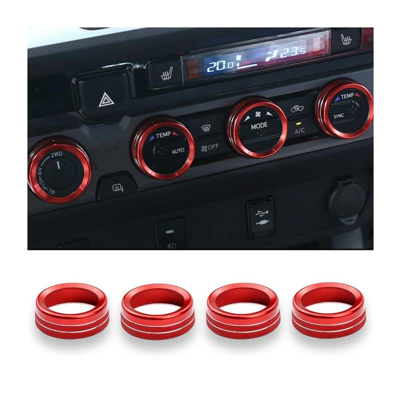 CGEAMDY 4 Stücke Auto Klimaanlage Knopf Abdeckung, Aluminiumlegierung Control Einstell Knopf Interior Verkleidung, Lautstärkeregler Schalter Dekorationsring(Rot) von CGEAMDY