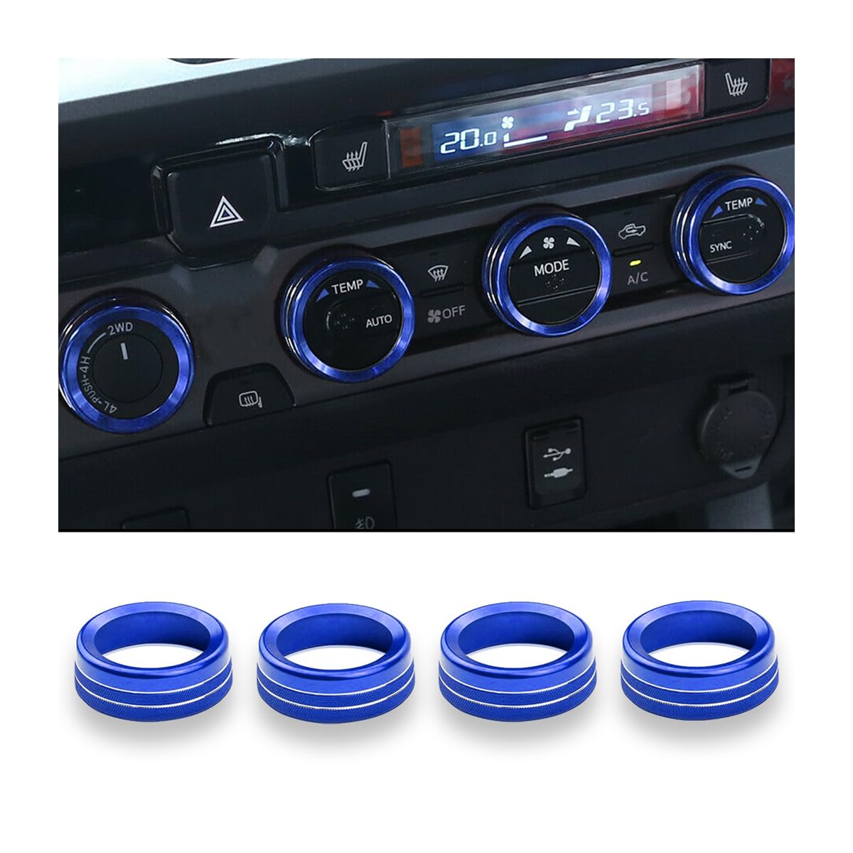 CGEAMDY 4 Stücke Auto Klimaanlage Knopf Abdeckung,Lautstärkeregler Schalter Dekorationsring, Aluminiumlegierung Control Einstell Knopf Interior Verkleidung(Blau) von CGEAMDY