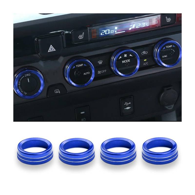 CGEAMDY 4 Stücke Auto Klimaanlage Knopf Abdeckung,Lautstärkeregler Schalter Dekorationsring, Aluminiumlegierung Control Einstell Knopf Interior Verkleidung(Blau) von CGEAMDY