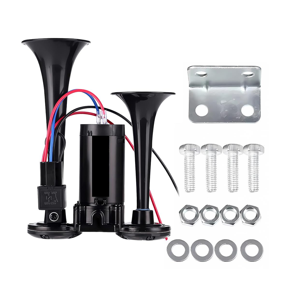 CGEAMDY Auto 12V Laute Drucklufthupe Horn, Drucklufthorn Lautsprecher Chrom-Zink-Doppeltrompete, Autohupe Doppelrohrlautsprecher Mit Kompressor, Elektrische Trompete Horn Marine Boot Lufthupe von CGEAMDY