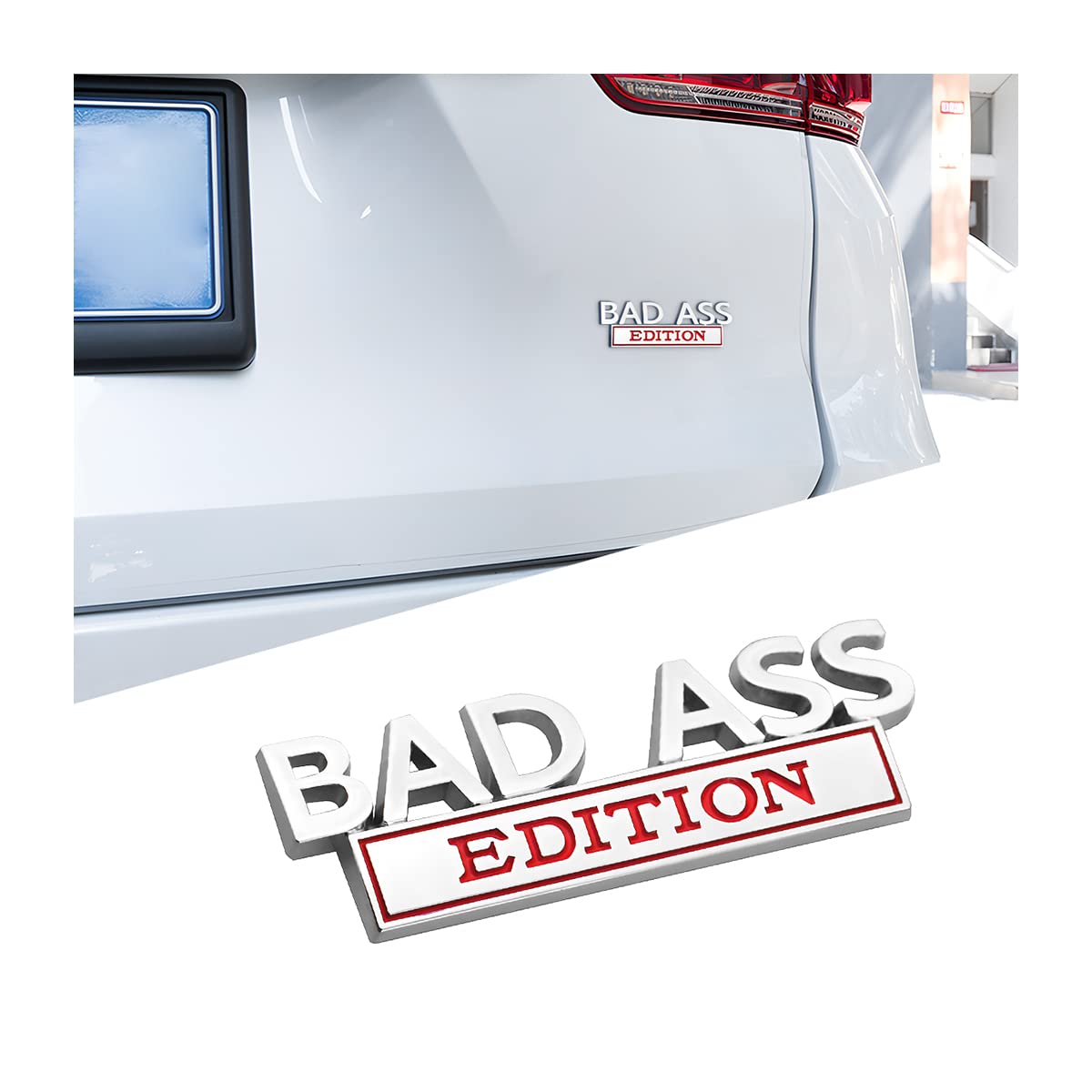 CGEMDY Auto Bad Ass Edition Emblem, Geeignet für Autoinnen Außendekoration oder Metall, Personalisierte Metallaufkleber Geeignet Auto-Emblem-Autoaufkleber(Silber-Rot) von CGEAMDY