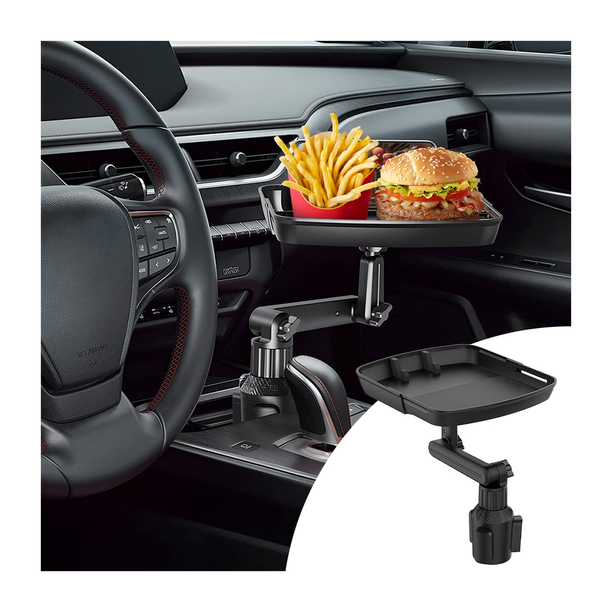 CGEAMDY Auto Getränkehalter Tisch Tablett, 360°Verstellbares Auto Tisch mit Handyhalterung, Universel Auto Multifunktionstisch Snacktablett Auto für Auto Becherhalter von CGEAMDY