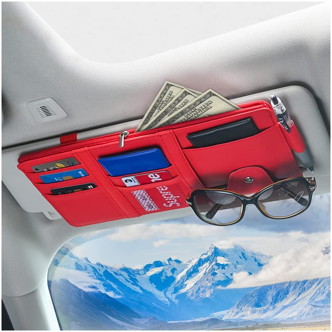 CGEAMDY Auto-Sonnenblende-Organizer, Reißverschlusstasche aus Leder für Karten, Führerschein, Stifte, Brillen, Dokumente, Autozubehör (Rot) von CGEAMDY
