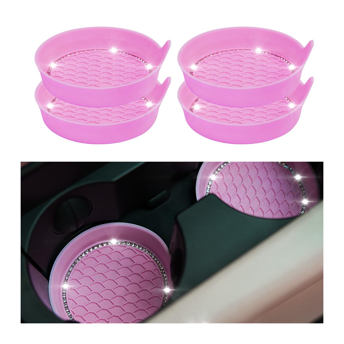 CGEAMDY Bling Auto Untersetzer Getränkehalter, Bling Kristall Auto Zubehor Innenraum, Universal Bling Silikon Anti-Rutsch Einsatz Tasse Halter Untersetzer（Rosa） von CGEAMDY