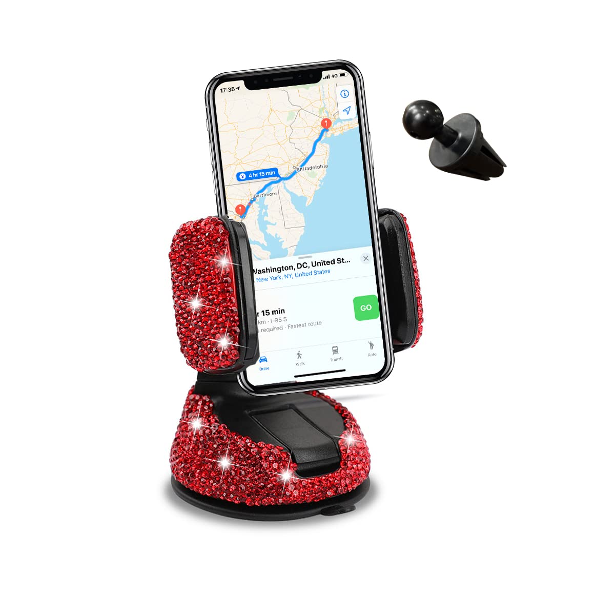 CGEAMDY Bling Autotelefonhalter, 360 Grad Drehung Glitzer Strass Dekoration Smartphone Handy Halter, Multifunktionaler Autotelefonhalter Für Frauen Und Mädchen（Rot） von CGEAMDY