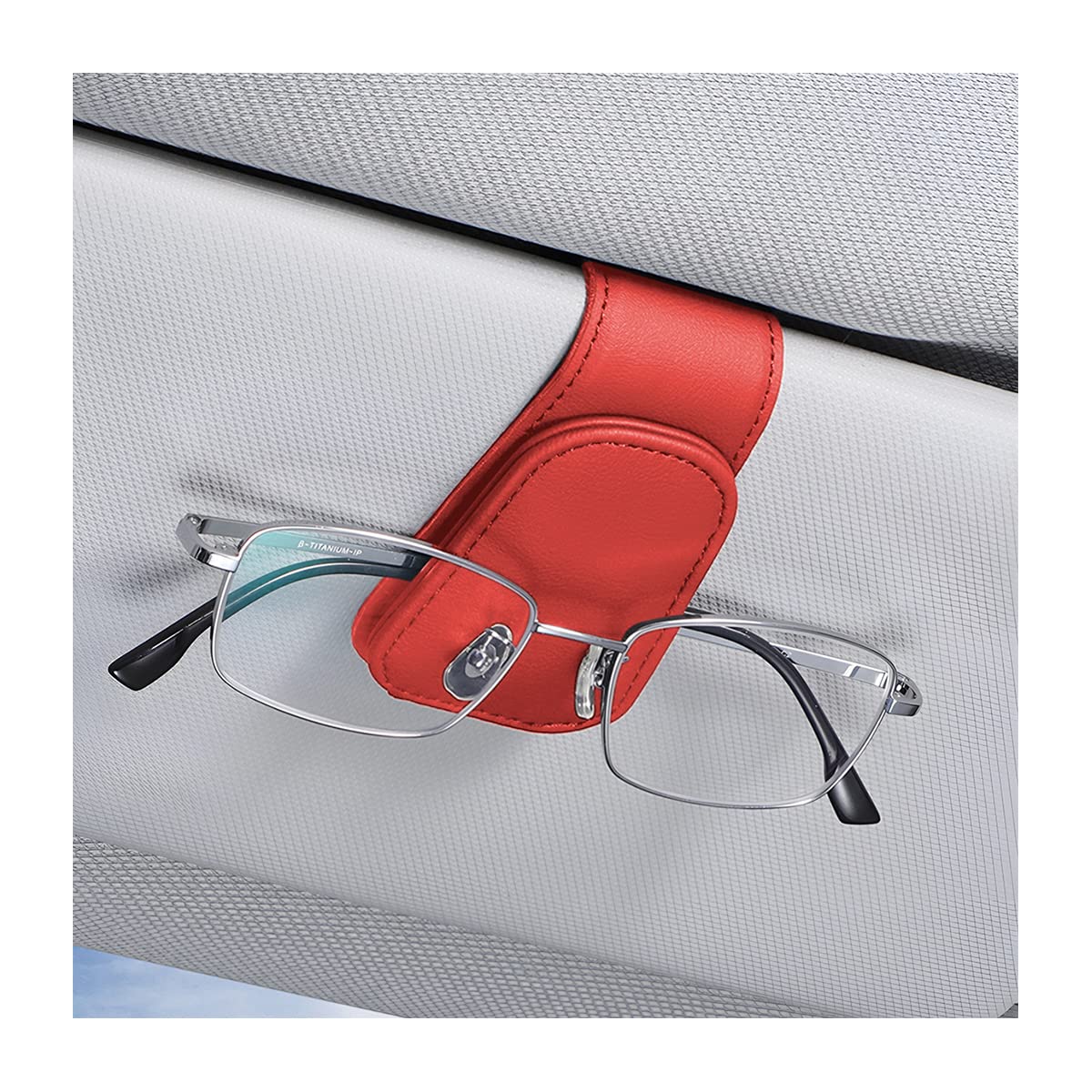 CGEAMDY Brillenhalter für Auto Sonnenblende, Auto Visier Brille Halterung, Magnetischer Leder Brillenhalter Clip, Ticket Karten Clip Brillen Halterung Geschenke (Rot) von CGEAMDY