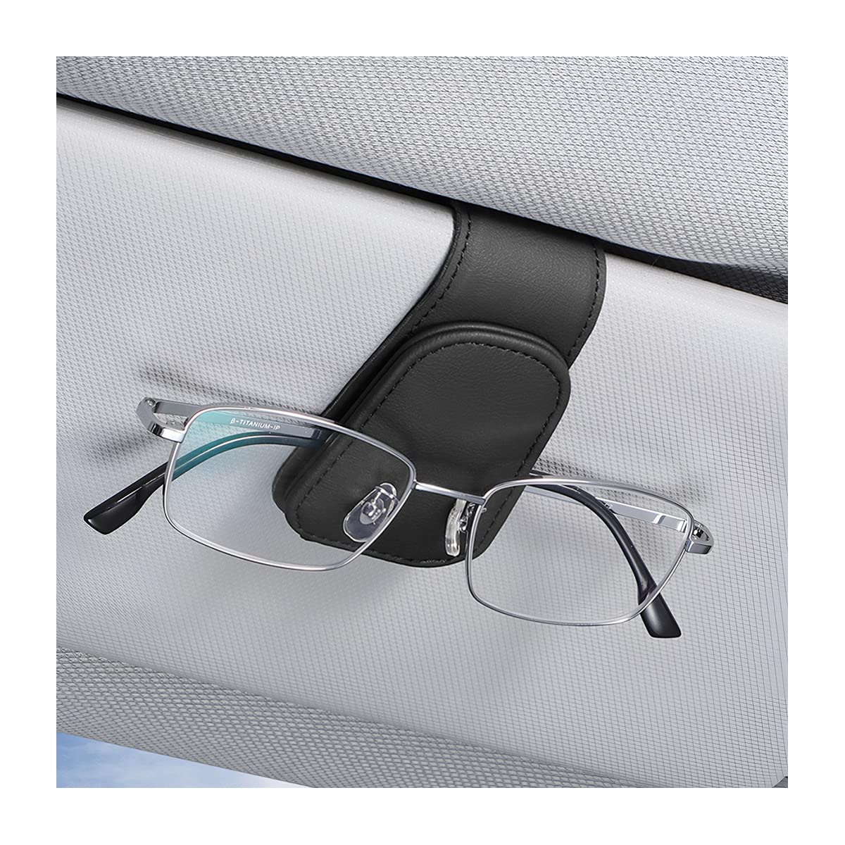 CGEAMDY Brillenhalter für Auto Sonnenblende, Auto Visier Brille Halterung, Magnetischer Leder Brillenhalter Clip, Ticket Karten Clip Brillen Halterung Geschenke (Schwarz) von CGEAMDY
