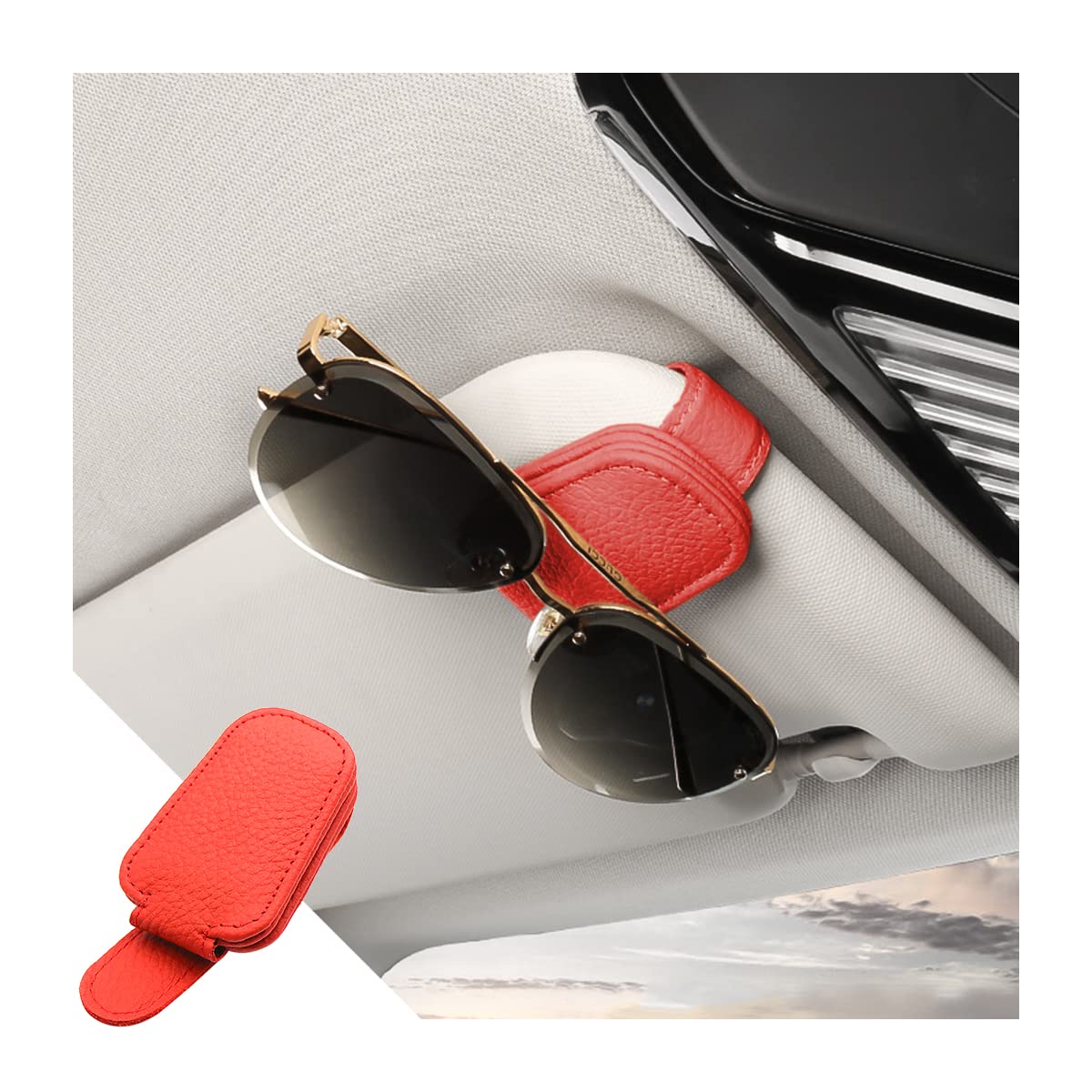 CGEAMDY Brillenhalter für Auto Sonnenblende, Universelles Auto Visier Leder Sonnenbrillen Halter, Magnetische Brillen Halterung, Gläser Aufhänger und Ticket Karten Clip, Auto Zubehör (Rot) von CGEAMDY