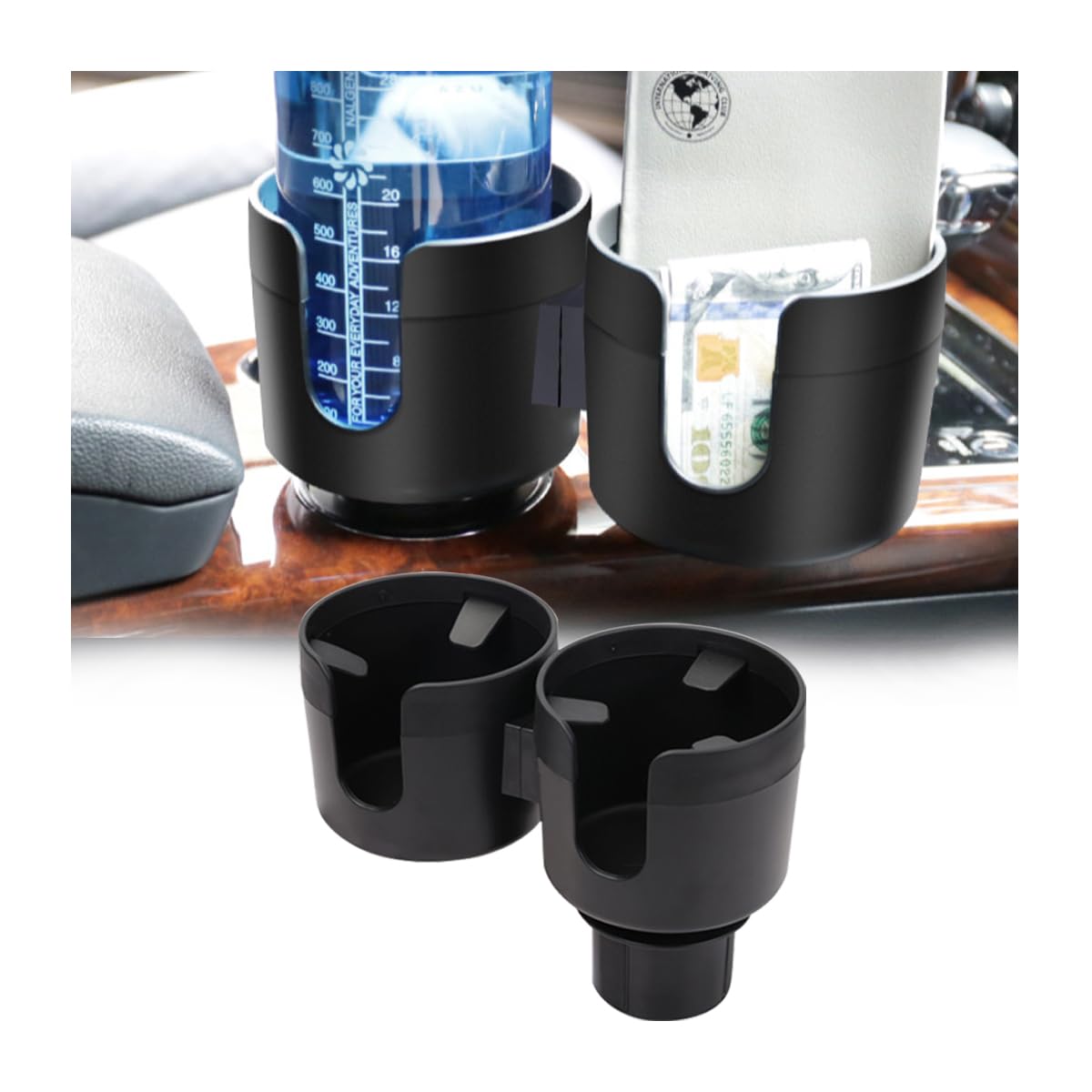 CGEAMDY Doppelter Autobecherhalter, Auto 2 in 1 Multi-Funktions-Flaschen-Halter, Universal-Flaschenhalter für Den Fahrzeuginnenraum für Wasser Kaffee Flasche(Schwarz) von CGEAMDY