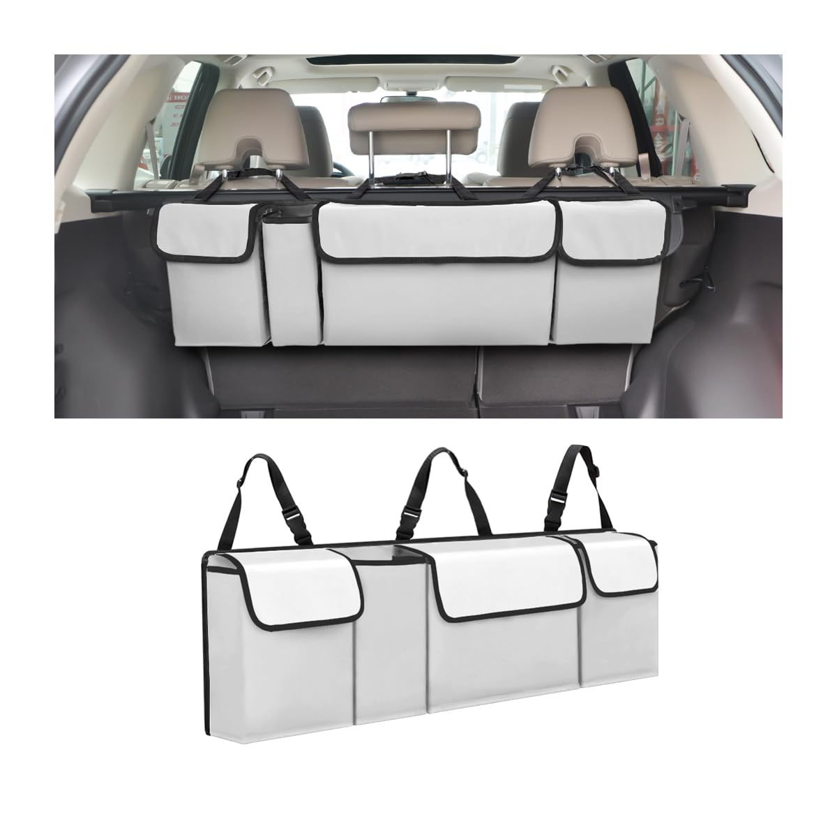 CGEAMDY Kofferraum-Organizer, Organizer für Auto, aus Oxford-Stoff, Faltbar und Wasserdicht, mit 4 Taschen, Auto-Aufbewahrung im Innenbereich (Weiß Grau) von CGEAMDY