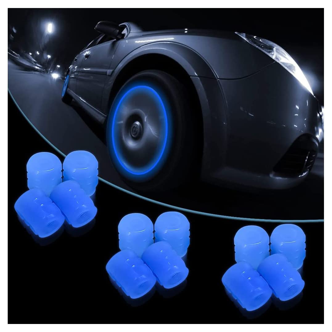 Ventilkappen Auto Leuchtend, 12 StüCk Leuchtendes Auto Reifenventil, Fluoreszierende Auto Ventilkappen, Universelles ZubehöR für Autos, Lkws, Suvs, MotorräDer Und FahrräDer (Blau) von CGEAMDY