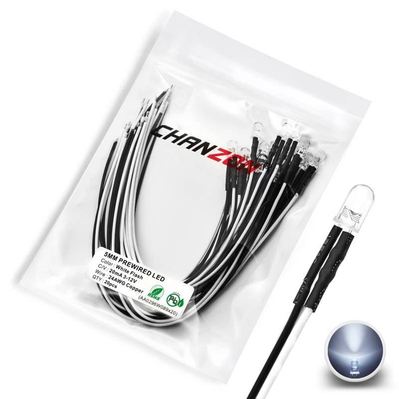 [UL-Kabel] Chanzon 20 Stück vorverdrahtete 5 mm weiße blinkende LED-Diodenlichter (klare runde transparente Linse DC 12 V) mit 560 Ohm 1/4 W Widerstand und 24 AWG Drahtanzeige Leuchtdioden Glühbirne von CHANZON