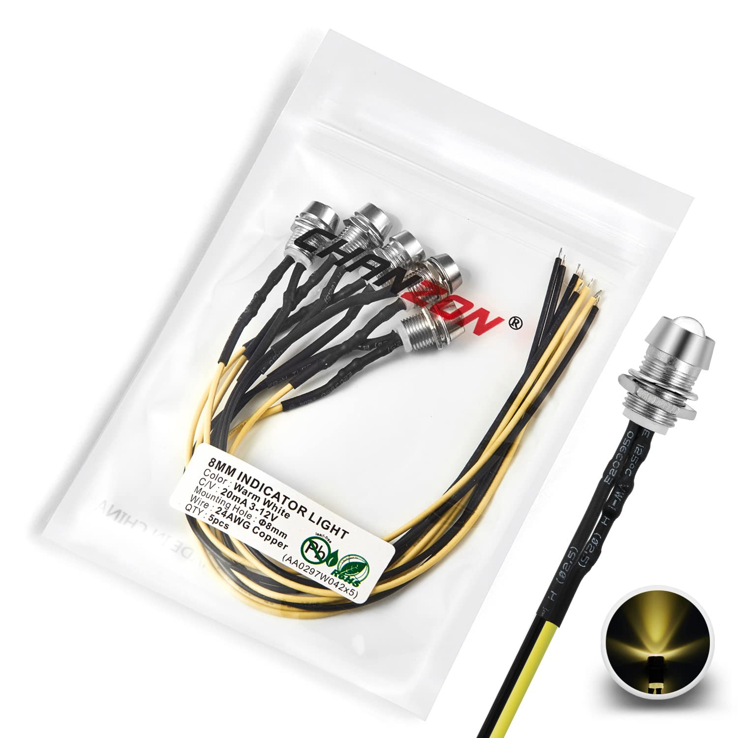 [UL-Kabel] Chanzon 5 Stück 8mm Panel Mount + 5mm LED Warmweiß Pilot Diode Light (klare transparente runde Linse) 12V Universal Unterputzmontage Armaturenbrett Anzeigetafel Sockel von CHANZON