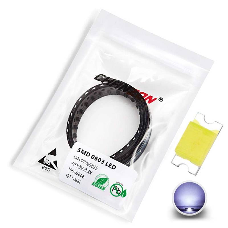 Chanzon 100 Stk. SMD 0603 (1,6 mm x 0,8 mm) Weiße LED-Dioden leuchten 3V 20mA Glühbirnen Lampen Elektronikkomponenten Anzeigeleuchtdioden von CHANZON