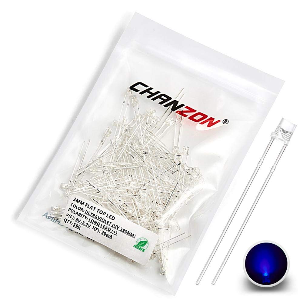 CHANZON 100 Stück 3mm Lila UV-LED-Dioden lichter (Violett Transparent Flache Oberseite Transparent DC 3V 20mA) Helle Glühbirnen Lampen Elektronikkomponenten Anzeigelicht emittierende Dioden von CHANZON