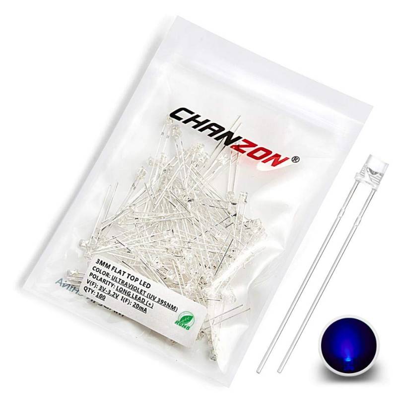 CHANZON 100 Stück 3mm Lila UV-LED-Dioden lichter (Violett Transparent Flache Oberseite Transparent DC 3V 20mA) Helle Glühbirnen Lampen Elektronikkomponenten Anzeigelicht emittierende Dioden von CHANZON