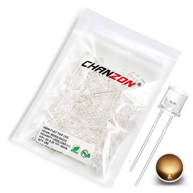 CHANZON 100 Stück 5mm warmweiße flache LED-Dioden lichter (durchsichtige Linse) Helle Glühbirnen Lampen Elektronikkomponenten Anzeigelicht emittierende Dioden von CHANZON