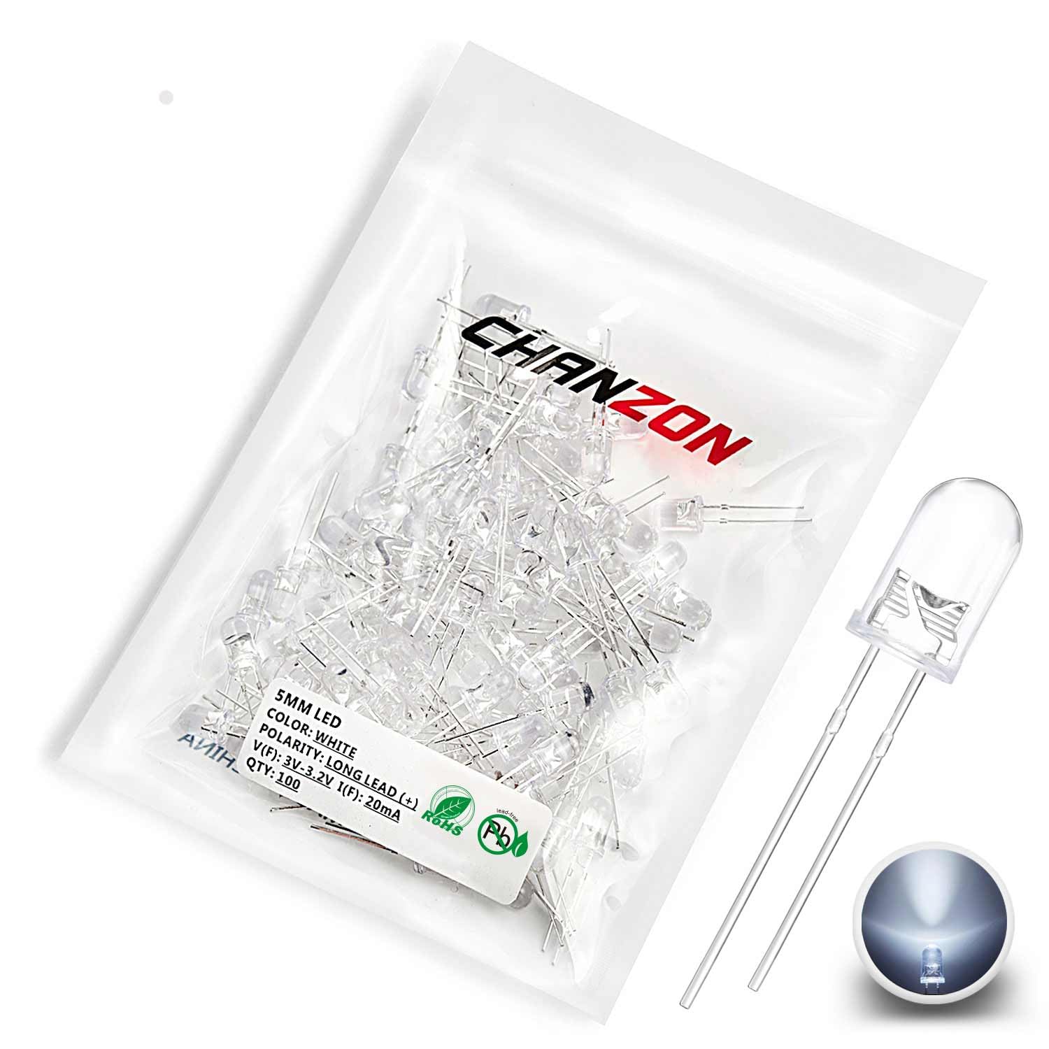 CHANZON 100 Stück 5mm weiße LED-Dioden lichter (Klar Rund Transparent DC 3V 20mA) Helle Glühbirnen Lampen Elektronikkomponenten Anzeigelicht emittierende Dioden von CHANZON