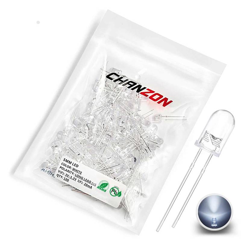 CHANZON 100 Stück 5mm weiße LED-Dioden lichter (Klar Rund Transparent DC 3V 20mA) Helle Glühbirnen Lampen Elektronikkomponenten Anzeigelicht emittierende Dioden von CHANZON