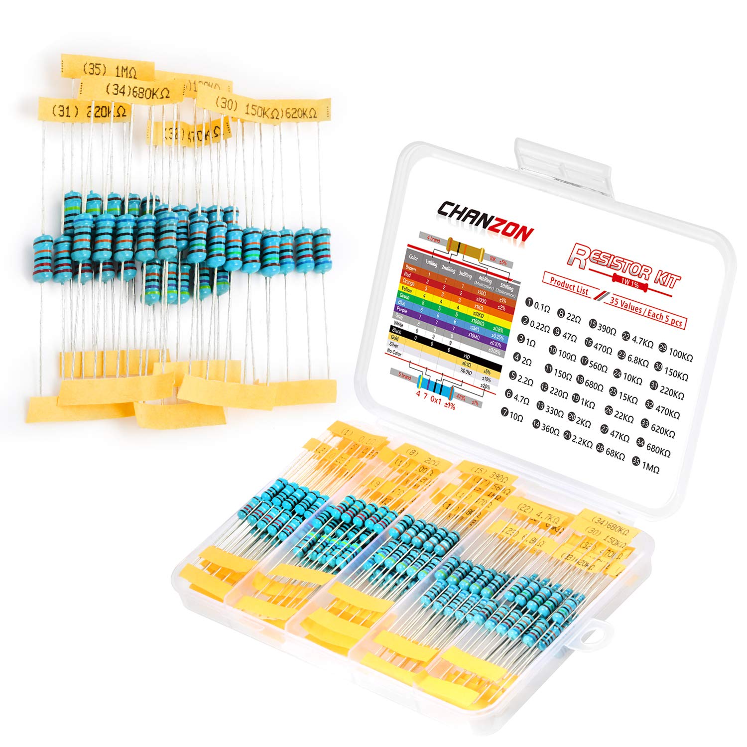 Chanzon 175pcs 0,1R-1MR Ω Ohm 35 Werte Metallfilm-Fest widerstands-Kit 1W ±1% Toleranz 0,01 MF Durchgangsbohrungs widerstände Sortiment Strombegrenzung Rohs-zertifiziert Resistor Chanzon 175pcs 0,1R-1MR Ω Ohm 35 Werte Metallfilm-Fest widerstands-Kit 1W ±1% Toleranz 0,01 MF Durchgangsbohrungs widerstände Sortiment Strombegrenzung Rohs-zertifiziert Resistor von CHANZON