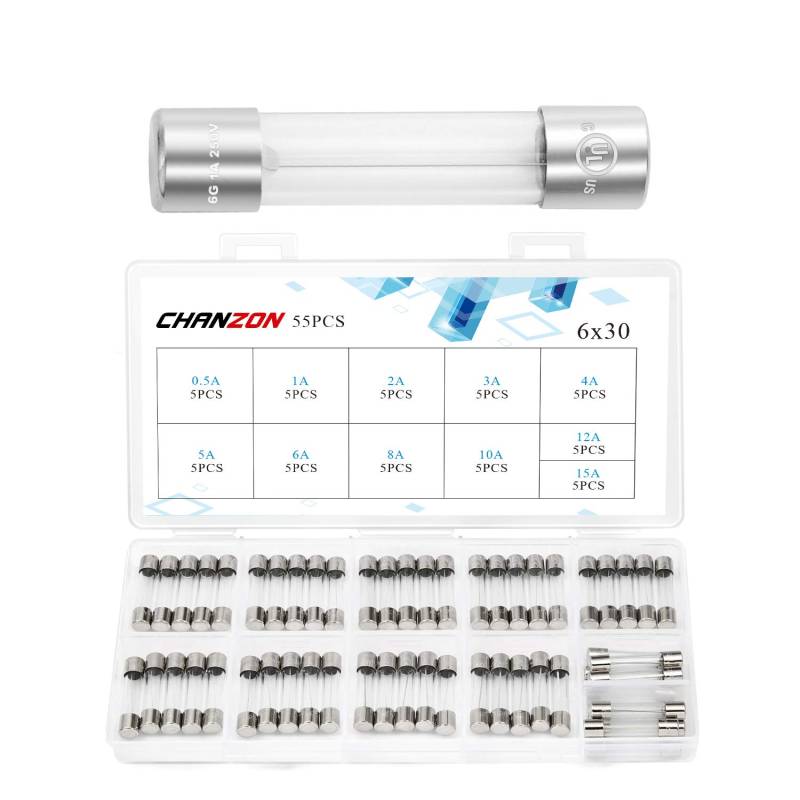 Chanzon 55 Stück VDE Prüf 6x30 mm Sicherungen Sicherung Glassicherung Glasrohrsicherung Feinsicherung Sicherung 250V Sicherungssortiment 0,5A 1A 2A 3A 4A 5A 6A 8A 10A 12A 15A von CHANZON