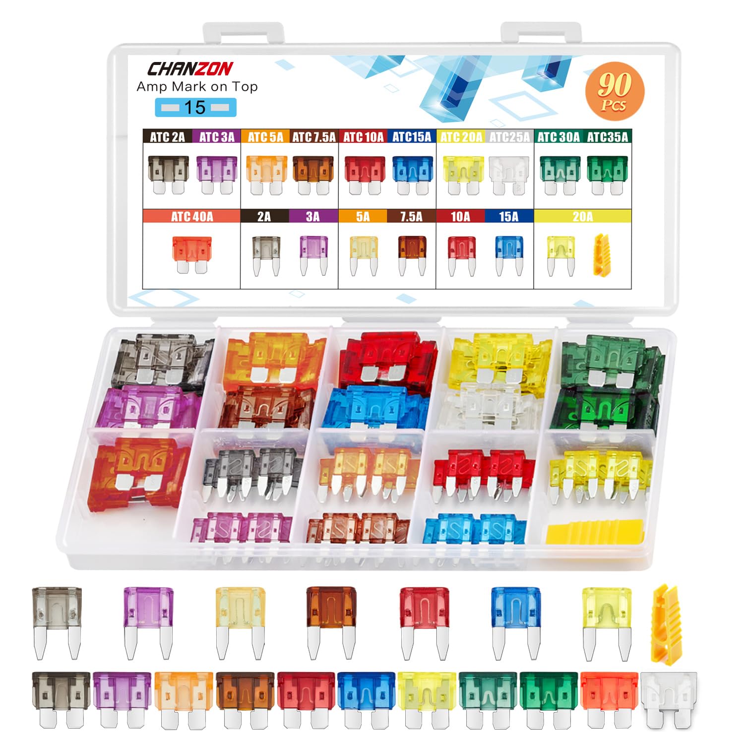 Chanzon 90pcs (Lebensdauer-Menge) ATC + ATM/APM (Standard & Mini) Flachsicherungs-Sortiment-Kit (2A 3A 5A 7.5A 10A 15A 20A 25A 30A 35A 40A) für Pkw-LKW-RV-Automobil-Motorboot-Ersatz von CHANZON