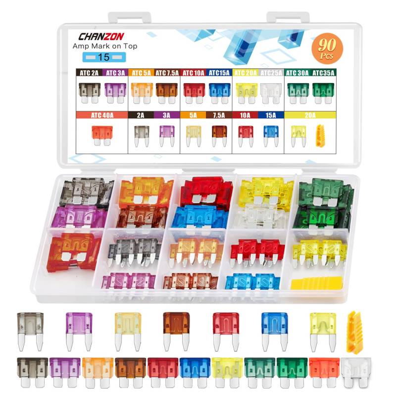 Chanzon 90pcs (Lebensdauer-Menge) ATC + ATM/APM (Standard & Mini) Flachsicherungs-Sortiment-Kit (2A 3A 5A 7.5A 10A 15A 20A 25A 30A 35A 40A) für Pkw-LKW-RV-Automobil-Motorboot-Ersatz von CHANZON