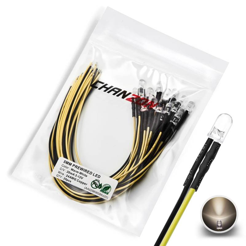 CHANZON [UL-Kabel] 20 Stück vorverdrahtete 5mm warmweiße LED-Diodenlichter (klare runde transparente Linse DC 12V) mit 560 Ohm 1/4W Widerstand und 24awg Drahtanzeige Leuchtdioden Beleuchtung 5mm LED von CHANZON