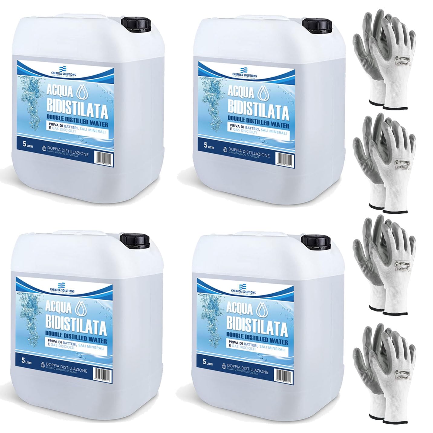 CHEMICA SOLUTIONS Bidestilliertes Wasser für den industriellen und klinischen Gebrauch, 4 x 5 Liter, zweimal destilliert, deineralisiert, Made in Italy + 4 Paar Handschuhe gratis CHEMICA SOLUTIONS Bidestilliertes Wasser für den industriellen und klinischen Gebrauch, 4 x 5 Liter, zweimal destilliert, deineralisiert, Made in Italy + 4 Paar Handschuhe gratis von CHEMICA SOLUTIONS
