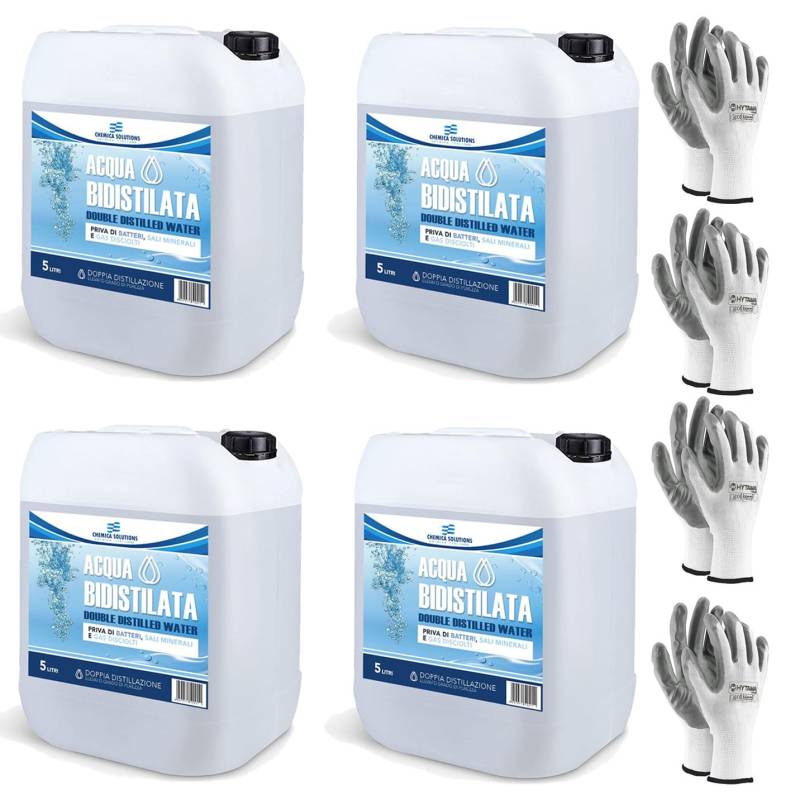 CHEMICA SOLUTIONS Bidestilliertes Wasser für den industriellen und klinischen Gebrauch, 4 x 5 Liter, zweimal destilliert, deineralisiert, Made in Italy + 4 Paar Handschuhe gratis von CHEMICA SOLUTIONS