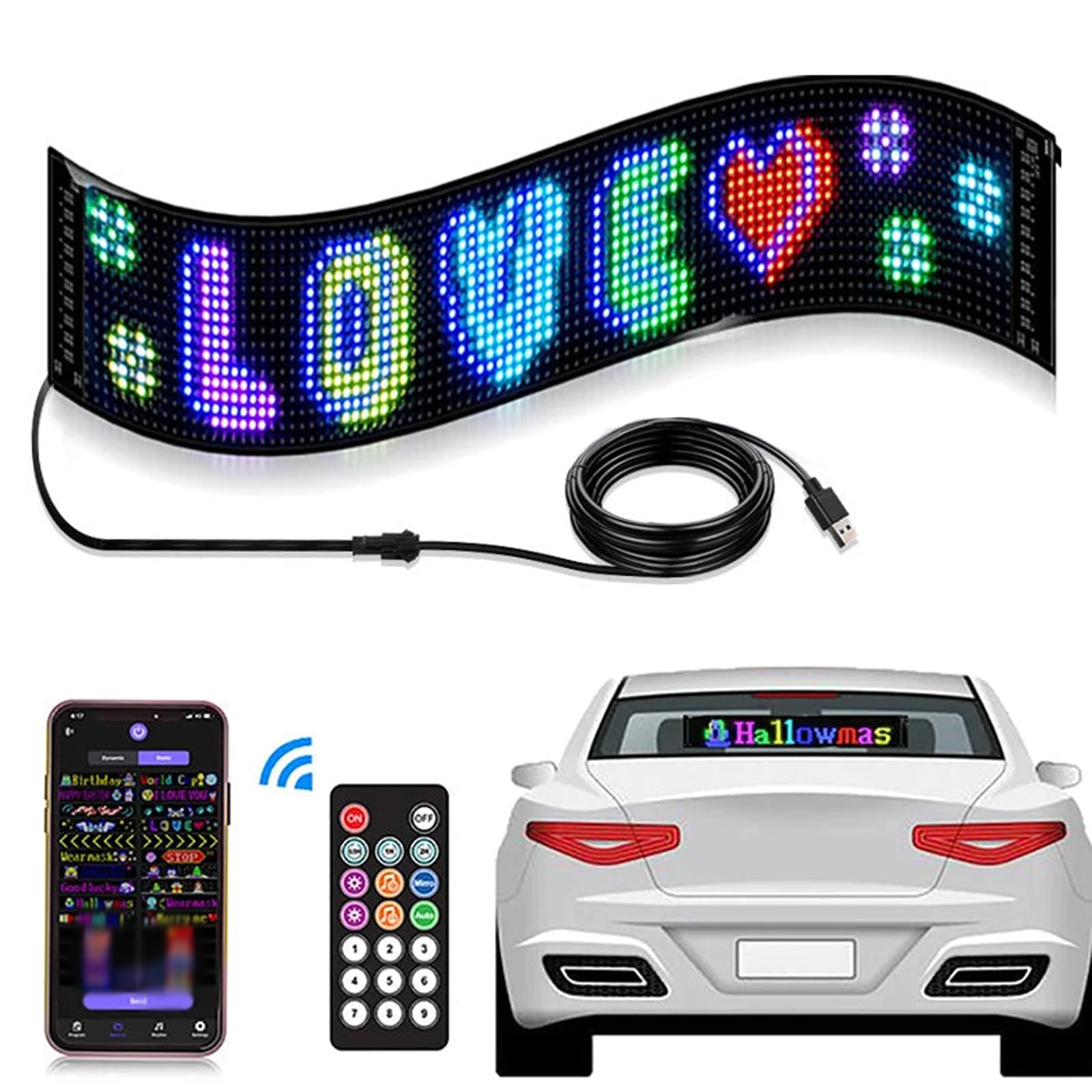 Ultra-Thin Flexible Bluetooth LED Screen, Led Anzeige Programmierbar, Bluetooth-App-Steuerung Text Muster Animation RGB LED Anzeigetafel für Auto von CHENRI