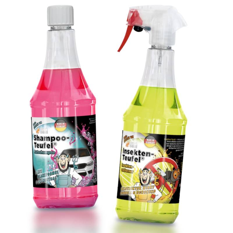 Tuga Chemie INSEKTEN Teufel + Tuga Chemie SHAMPOO Teufel Autowasch Set - Insektenreiniger - Insektenentferner | Autoshampoo schäumende Wäsche - löst schonend & schnell Verschmutzungen - 2x1L von CHIMP TOOLS PREMIUM CAR CARE PRODUCTS