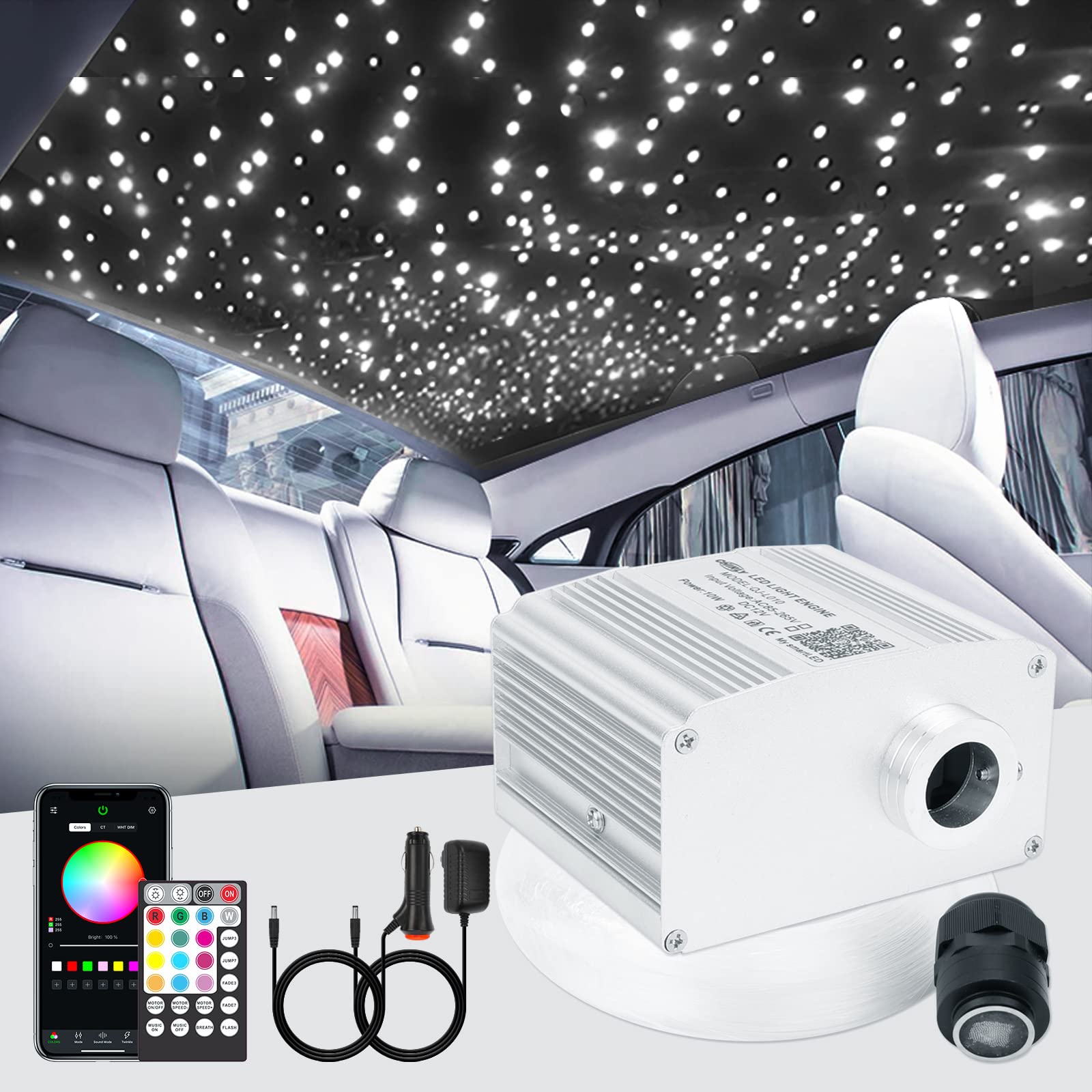 CHINLY Bluetooth 10W RGBW Twinkle LED Fiber Optic Star Deckenleuchte Kit APP/Fernbedienung 450 St¨¹ck*0,75mm*3m f¨¹r Haus/Auto von CHINLY