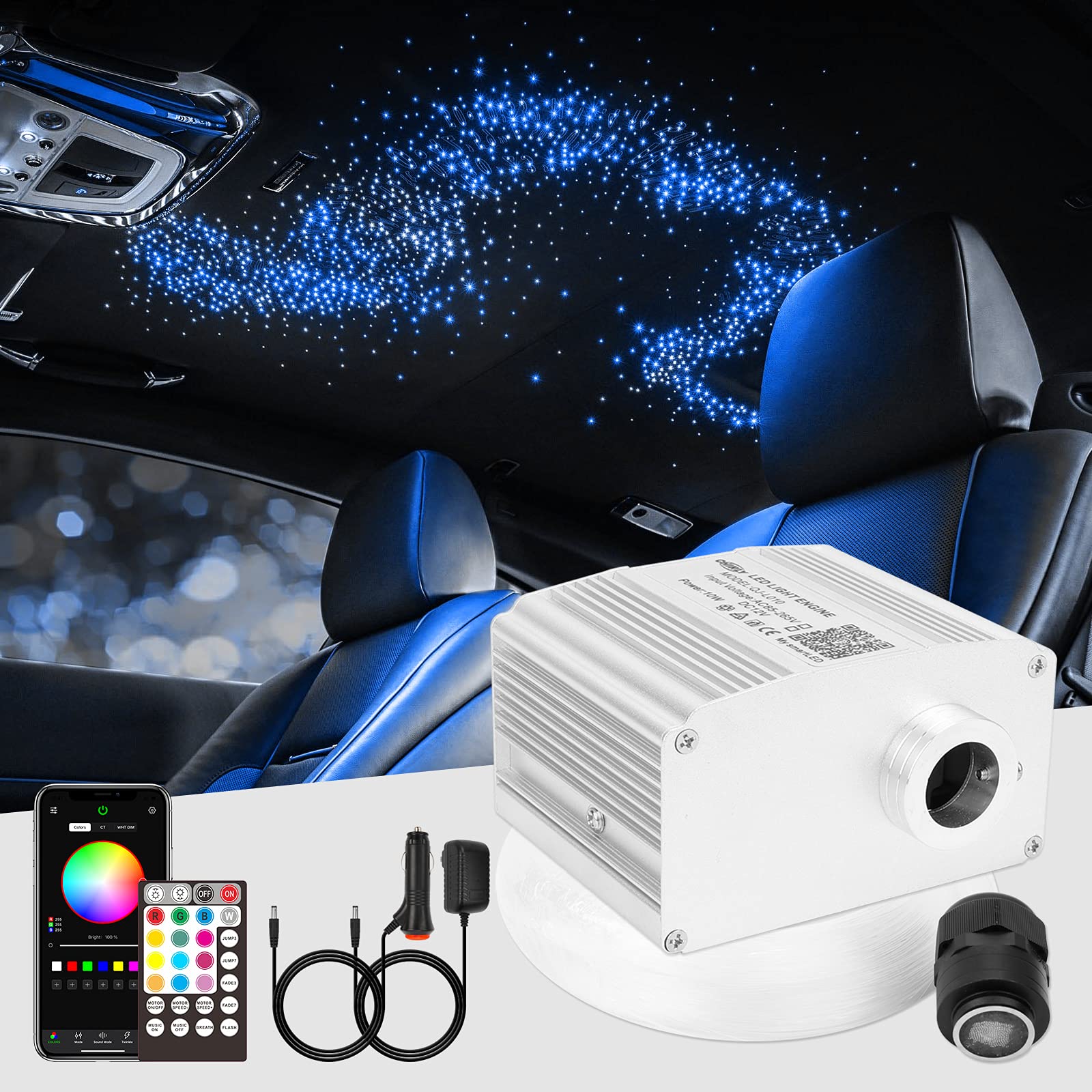 CHINLY Bluetooth 10W RGBW Twinkle LED Fiber Optic Star Deckenleuchten Kit APP/Fernbedienung 450 St¨¹ck* (0,75+0,75+1,0+1,5mm)*4m f¨¹r Zuhause/Auto von CHINLY