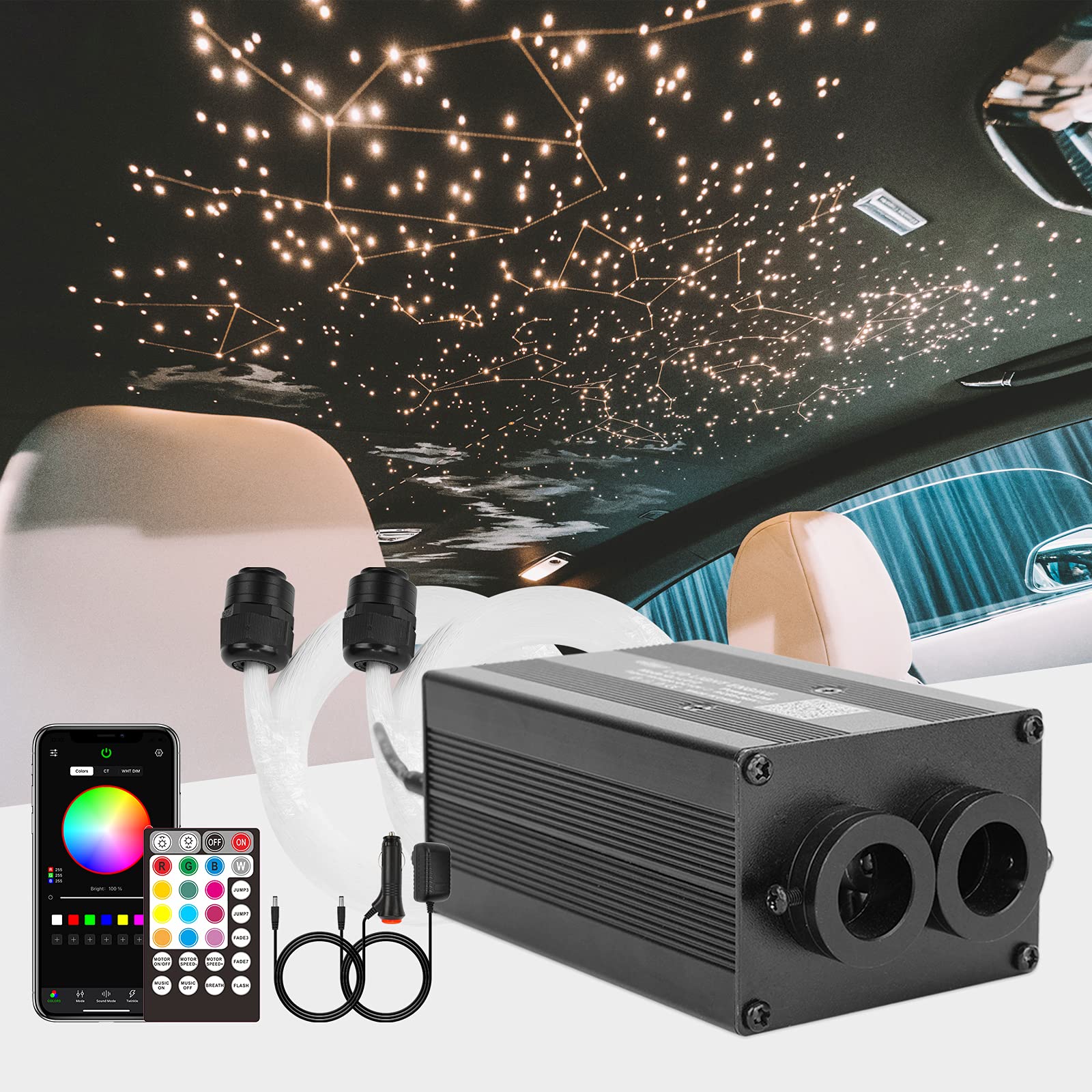 CHINLY Bluetooth 12W RGBW Twinkle LED Glasfaser Stern Deckenleuchten Kit APP/Fernbedienung Gemischt 296pcs * (0,75 + 1,0 + 1,5mm) * 3m für Zuhause/Auto von CHINLY