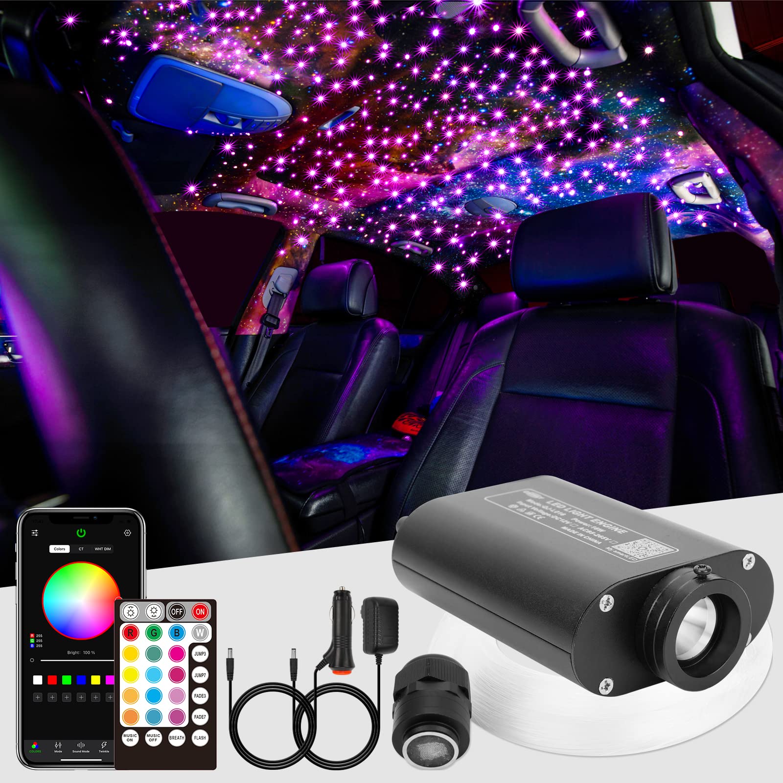 CHINLY Bluetooth 16W RGBW LED Fiber Optic Star Deckenleuchten Kit APP/Fernbedienung Gemischt 450pcs*(0,75+1,0+1,5mm)*3m Glasfaser für Zuhause/Auto von CHINLY