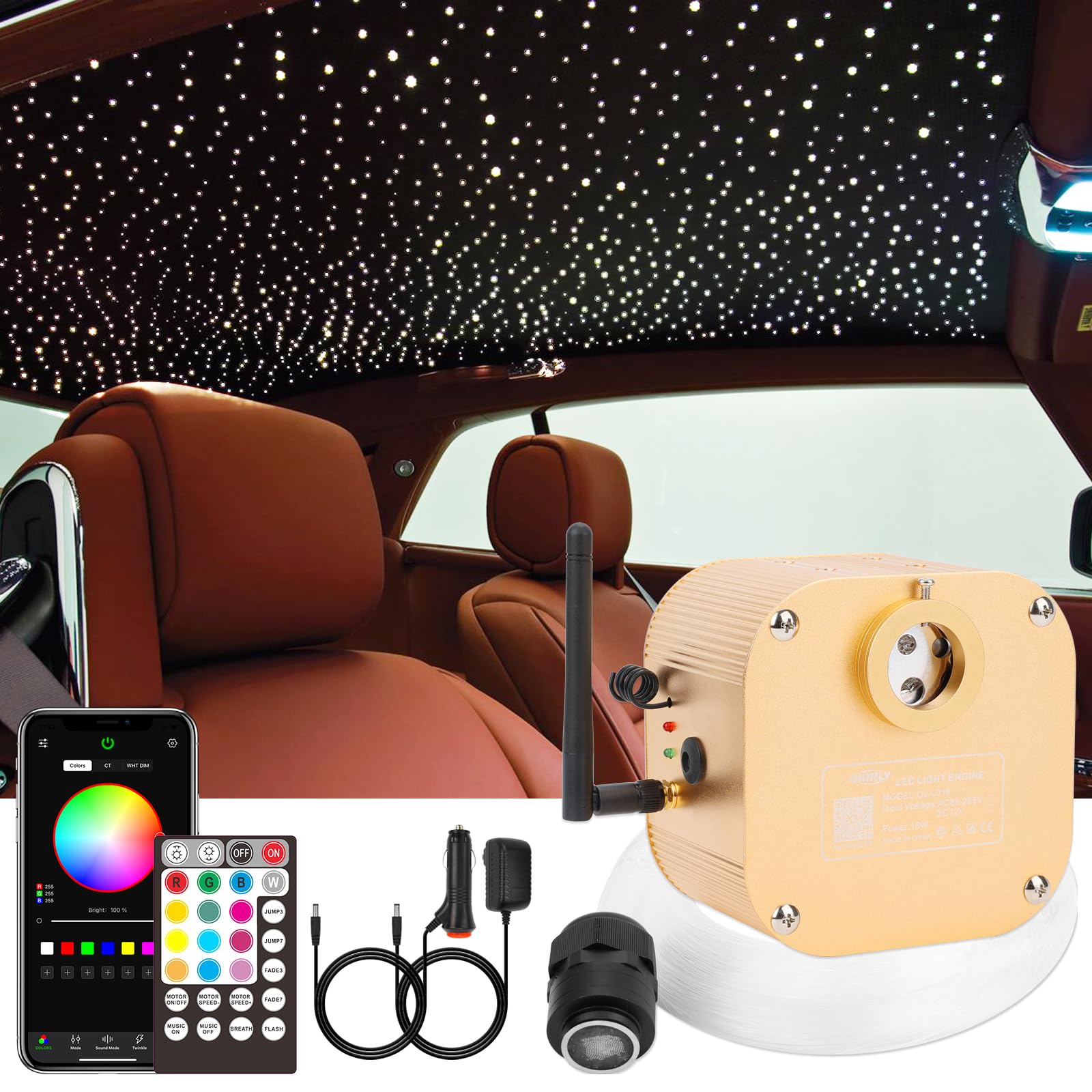 CHINLY Bluetooth 16W RGBW Twinkle LED Fiber Optic Star Deckenleuchten Kit APP/Fernbedienung 550cs*0.75mm* 4m f¡§1r Zuhause/Auto von CHINLY