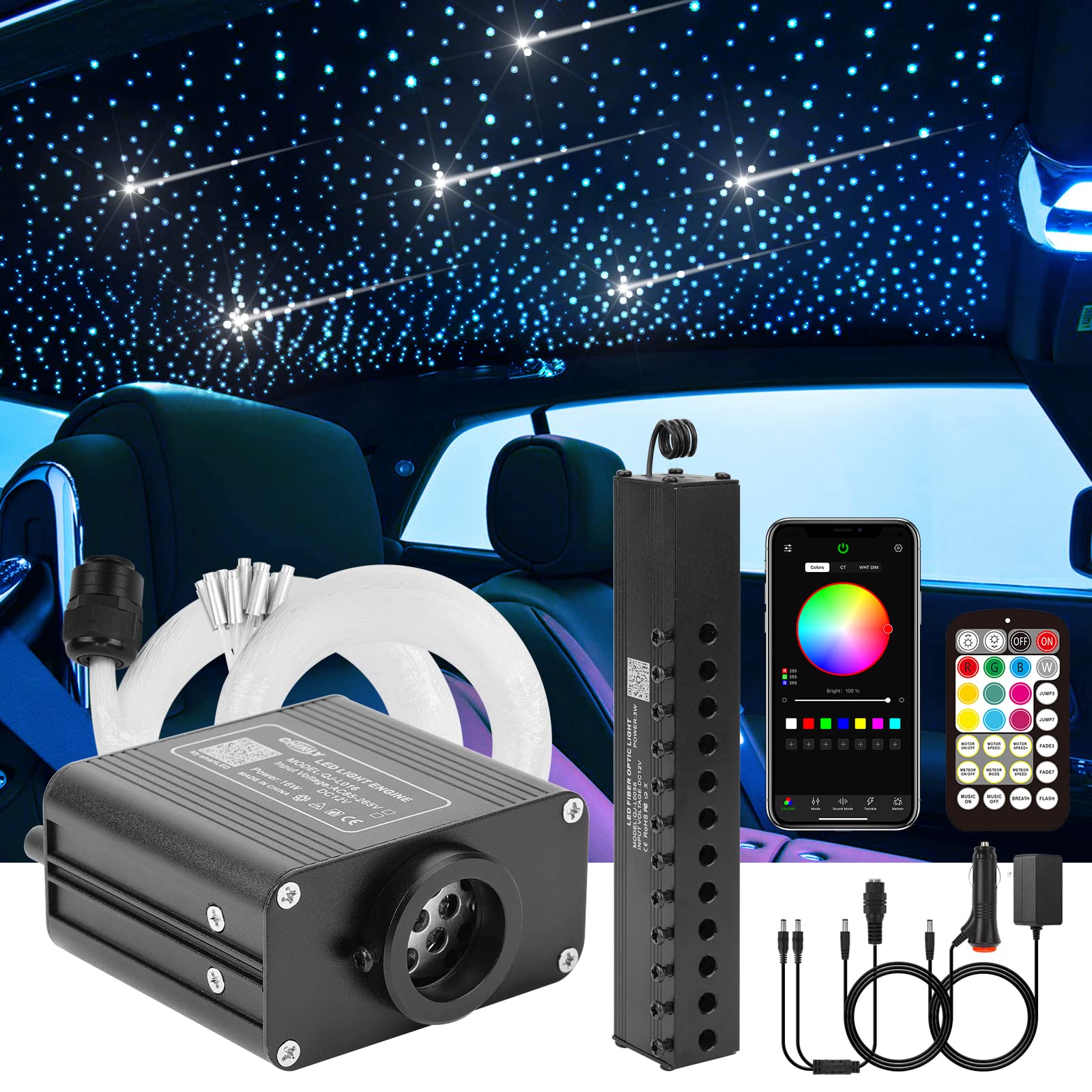 CHINLY Sternenhimmel Auto Glasfaser Licht für Auto/Decke, 16W Meteor Twinkle 500pcs of (0.75mm+1.0mm+1.5mm)*3m Bluetooth APP/Remote LED Fiber Optic Star Deckenleuchten Kit mit Shooting Star Light Kit von CHINLY