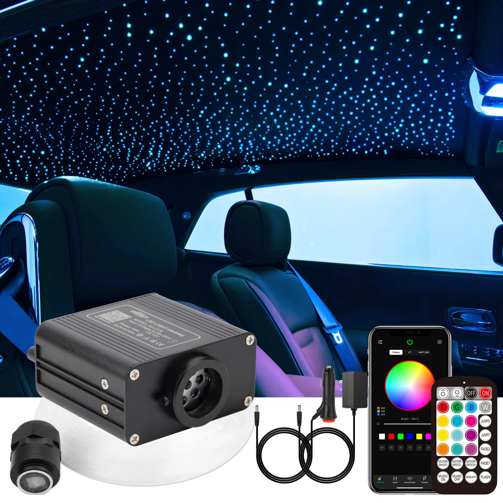 CHINLY Sternenhimmel Auto Glasfaser Licht für Auto/Decke, 16W Twinkle 200pcs*0.75mm*2m Bluetooth RGBW APP/Remote LED Sternenhimmel glasfaser Deckenleuchten Kit von CHINLY