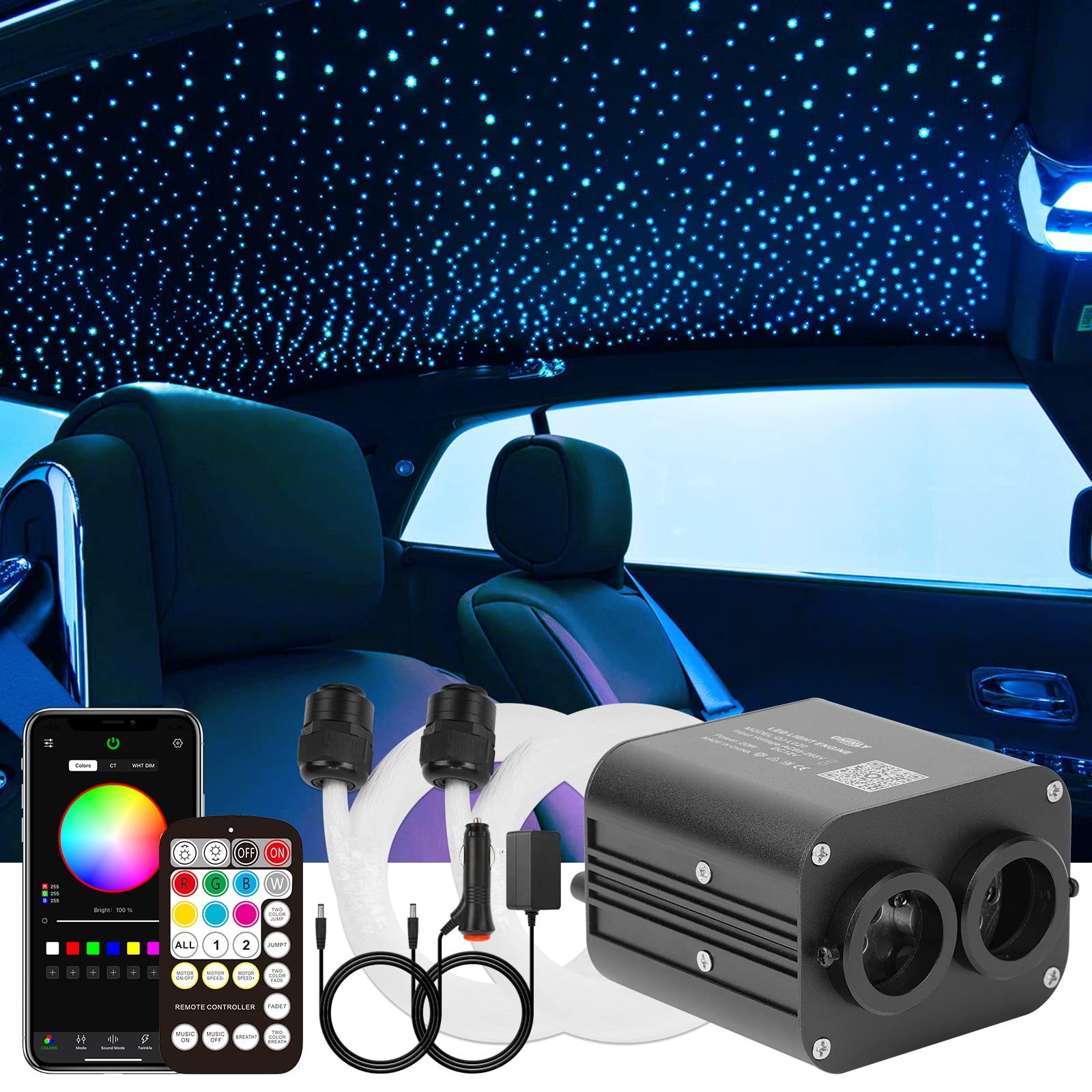 CHINLY Sternenhimmel Auto Glasfaser Licht für Auto/Decke, 20W Twinkle 1000pcs*0.75mm*4m Bluetooth RGBW APP/Remote LED Fiber Optic Star Deckenleuchten Kit von CHINLY