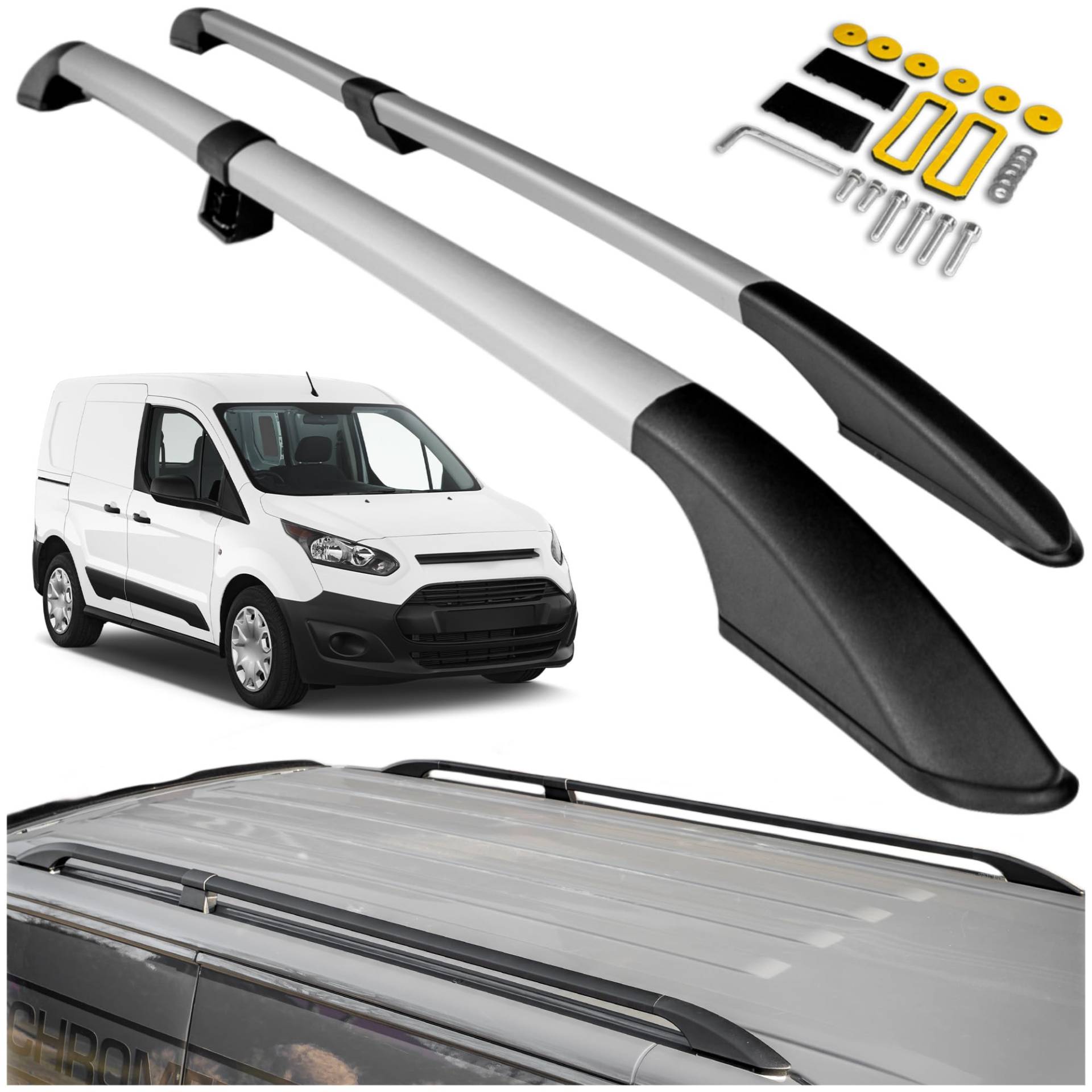 CHROMEMASTER Dachreling Dachträger Kompatibel mit Ford Transit Connect II Short L1 2014-2021 | Zur Befestigung der Dachgepäckträger, Dachboxen oder Dachfahrradträger | Konstruktion aus Alu CHROMEMASTER Dachreling Dachträger Kompatibel mit Ford Transit Connect II Short L1 2014-2021 | Zur Befestigung der Dachgepäckträger, Dachboxen oder Dachfahrradträger | Konstruktion aus Alu von CHROMEMASTER
