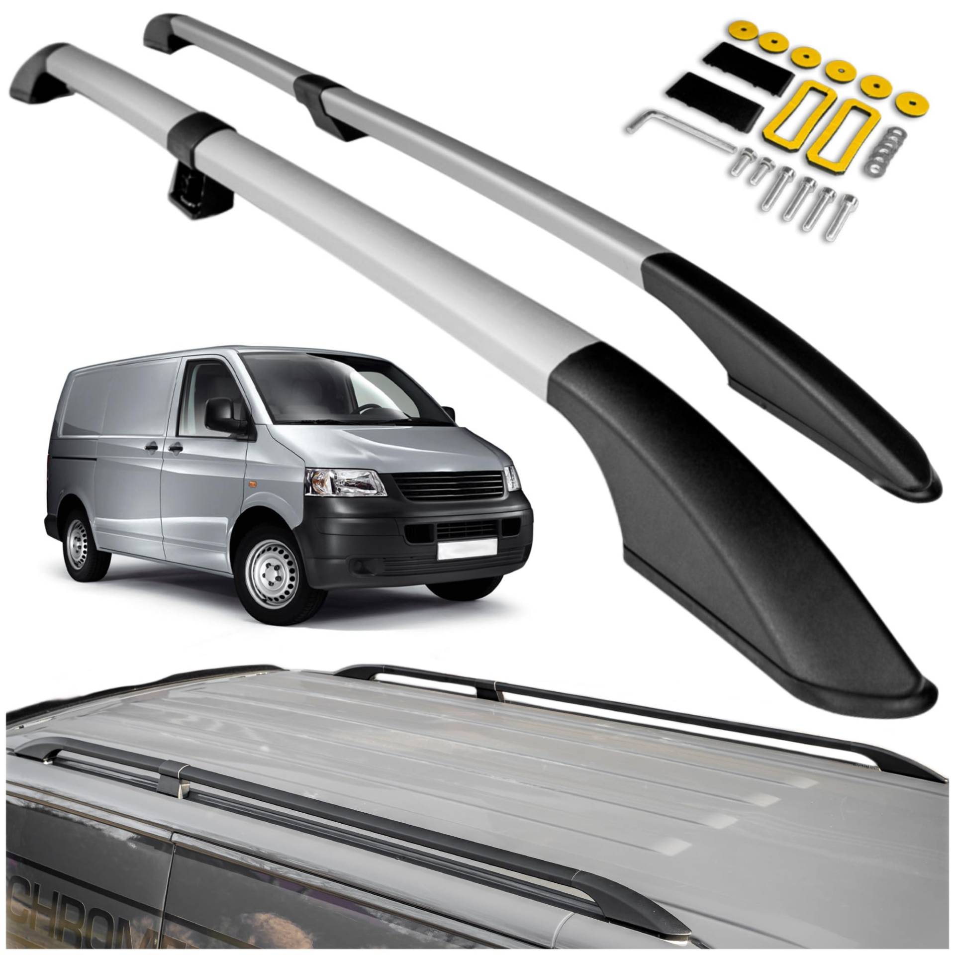 CHROMEMASTER Dachreling Dachträger Kompatibel mit VW T5 Transporter Short 2003-2015 | Zur Befestigung der Dachgepäckträger, Dachboxen oder Dachfahrradträger | Robuste Konstruktion aus Alu CHROMEMASTER Dachreling Dachträger Kompatibel mit VW T5 Transporter Short 2003-2015 | Zur Befestigung der Dachgepäckträger, Dachboxen oder Dachfahrradträger | Robuste Konstruktion aus Alu von CHROMEMASTER