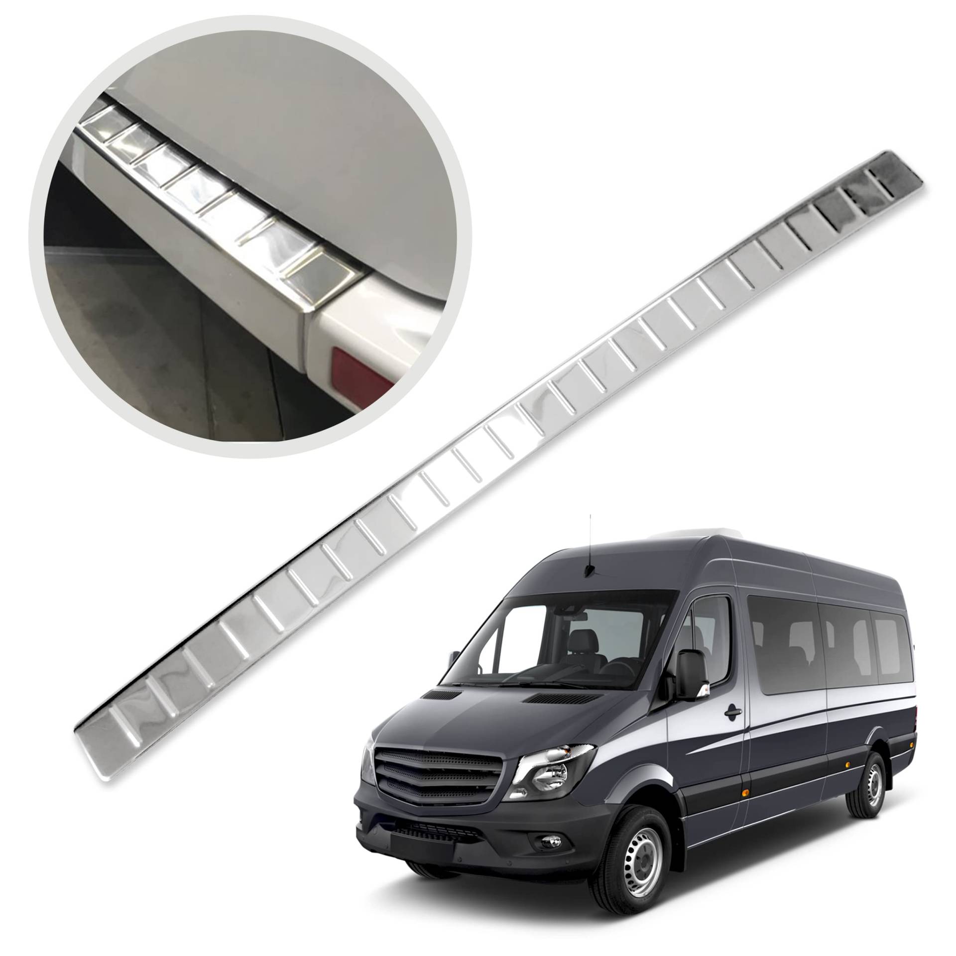 CHROMEMASTER | Ladekantenschutz Stoßstangenschutz | Kompatibel mit Mercedes Sprinter W906 2007-2018; Gebürsteter Edelstahl, Silber Matt; Unsere Lackschutzleiste Sichert den Heckstoßfänger vor Kratzern von CHROMEMASTER